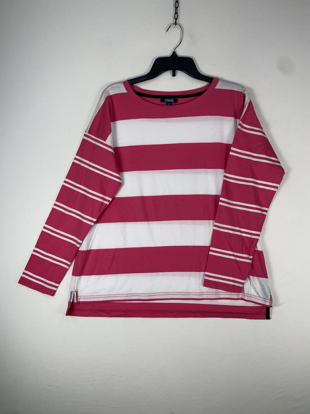 Chaps T-shirt Womens Large Pink Striped Long Sleeve Crew Neck Cotton Jersey Top